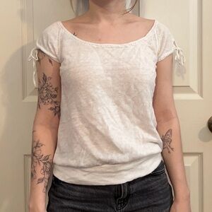 White Linen Wide Neck Sweater Top with Sleeve Ties